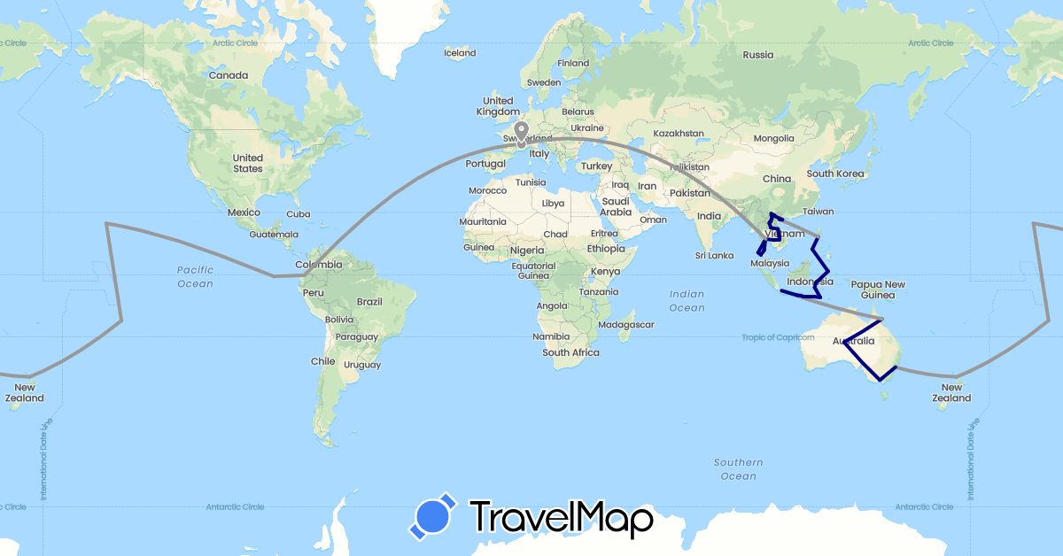 TravelMap itinerary: driving, plane in Australia, China, Ecuador, France, Indonesia, Cambodia, Laos, New Zealand, Philippines, Thailand, United States, Vietnam (Asia, Europe, North America, Oceania, South America)